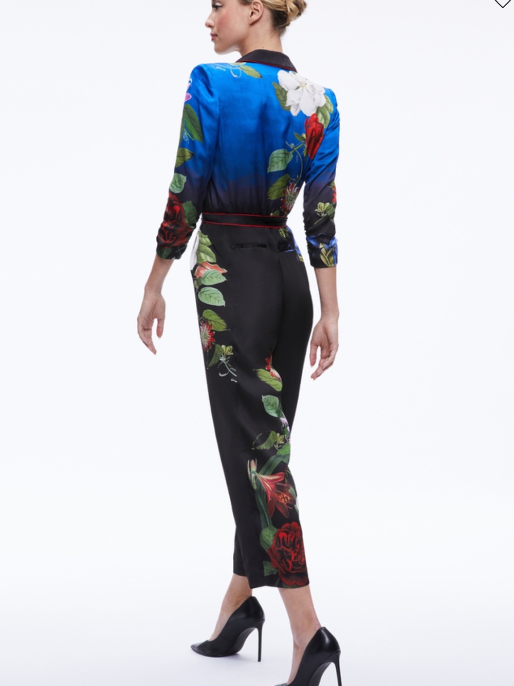 Alice + Olivia Louetta Black Floral Jumpsuit with Blue Accents - Picture 2 of 16